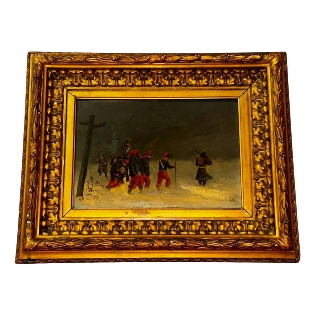 Winter Scene & Soldiers, Oil on Wood, 19th Century, Framed For Sale
