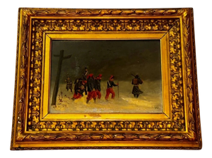 Winter Scene & Soldiers, Oil on Wood, 19th Century, Framed