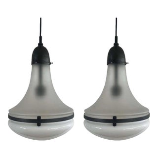 Pair Vintage Art Deco Brass Hanging Pendant Light Milk Glass Shade For Sale