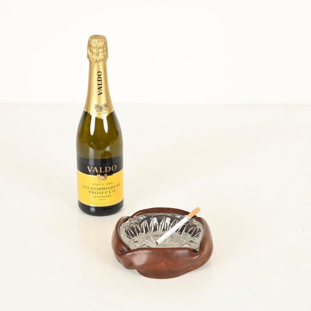 Brown Curved Nova Ashtray in Brown Leather and Cut Crystal from Tecno, Italy, 1950s For Sale - Image 8 of 12