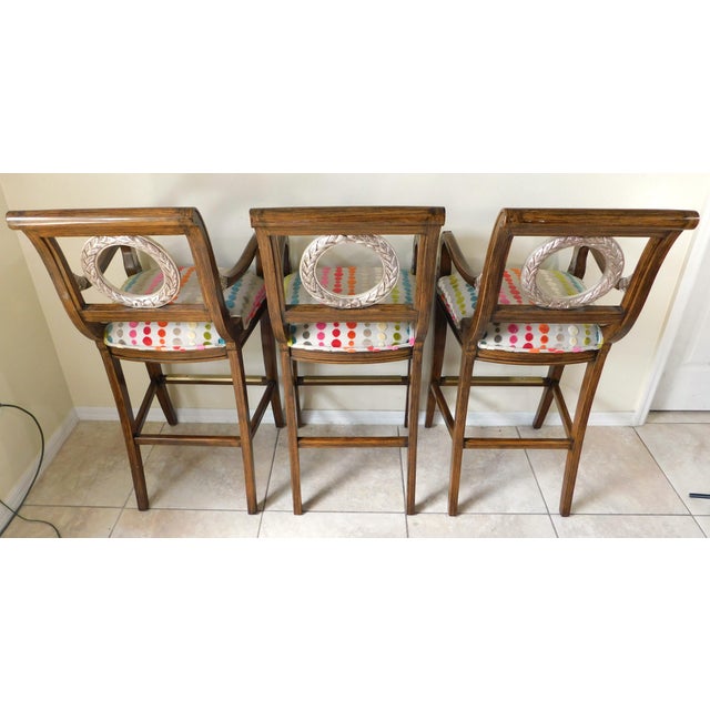 Vintage C1980s Mahogany Wood Silver Wreath Polka Dot Upholstered Bar Stools - Set of 3 For Sale - Image 9 of 11