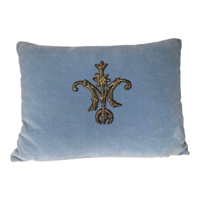 Petite Pillow With 19th Century Metallic Appliqué on Blue Velvet For Sale