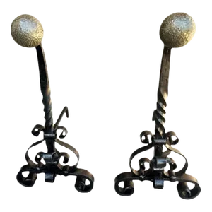 Massive 31" High Antique Arts & Crafts Pair of Andirons - Wrought Iron and Brass - Late 19th Century