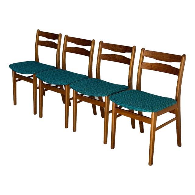 Set of 4 Vintage Danish Teak Dining Chairs Mid Century Modern Blue Upholstered For Sale