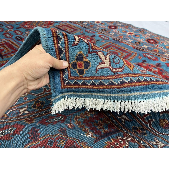 Turquoise Blue and Red Wool Area Rug, Tribal Geometric Medallion Design For Sale - Image 12 of 14