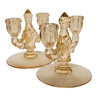 Vintage Heisey Glass Trident Double Candle Holders- a Pair For Sale