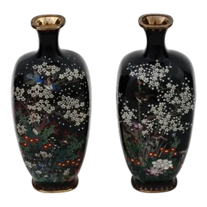 Pair of Antique Meiji Japanese Cloisonne Enamel Miniature Vases Birds in Cherry Blossoms