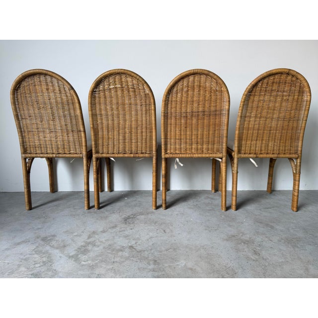 Vintage Coastal Organic Woven Wicker & Metal Frame Dining Chairs – Set of 4 For Sale In Miami - Image 6 of 12