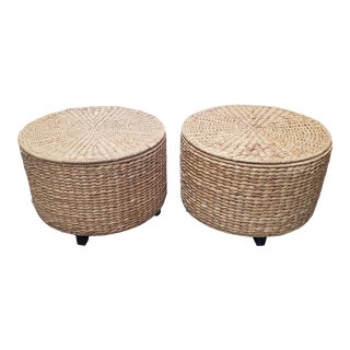 Vintage Banana Leaf Wicker Round Ottomans With Lids - a Pair For Sale