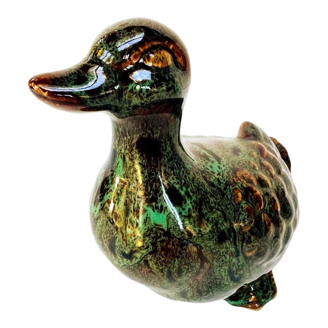 Vintage Drip Glaze Ceramic Duck Figurine, Mottled Green Art Pottery For Sale