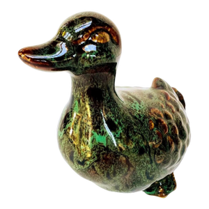 Vintage Drip Glaze Ceramic Duck Figurine, Mottled Green Art Pottery