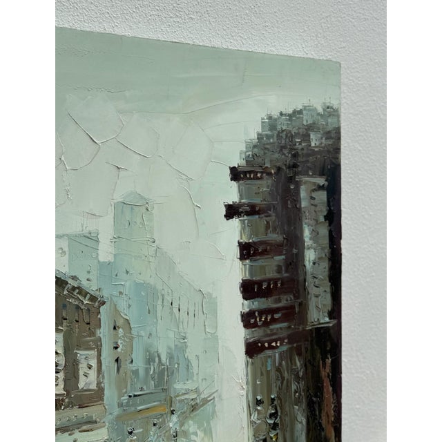 Slate Gray Rainy Cityscape Oil Painting Brutalist Impasto Figurative Street Scene For Sale - Image 8 of 10