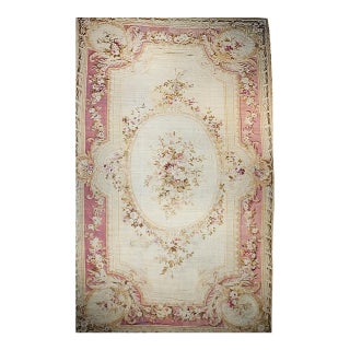 Antique French Aubusson Rug, Handwoven Wool, Floral Pattern, Ivory & Pale Green, 12' X 18' For Sale