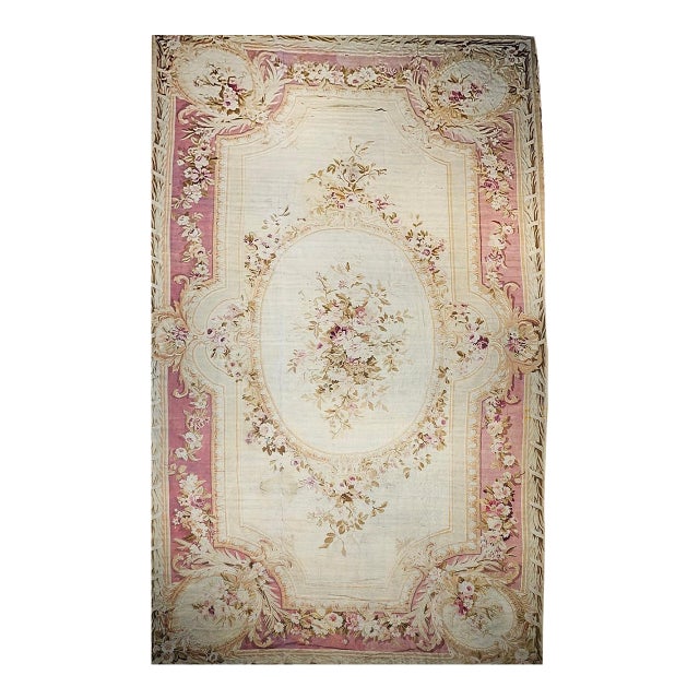 Antique French Aubusson Rug, Handwoven Wool, Floral Pattern, Ivory & Pale Green, 12' X 18' For Sale