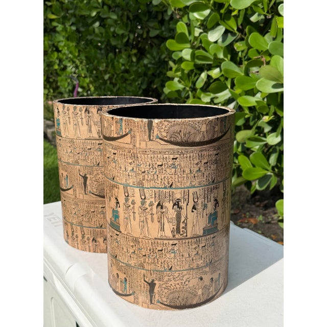 Vintage Egyptian Revival Paper-Covered Wastebaskets | Pair For Sale - Image 4 of 12