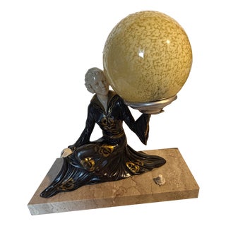 French Art Deco Cold-Painted Table Lamp with Woman Carrying Sphere in Bronze on a Marble Base, 1936 For Sale