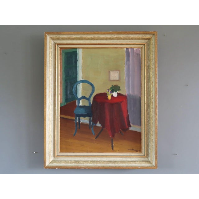 THE RED TABLE Size: 22.6 x 18.7 inches (including frame) Oil on canvas An intimate mid-century interior painting that...