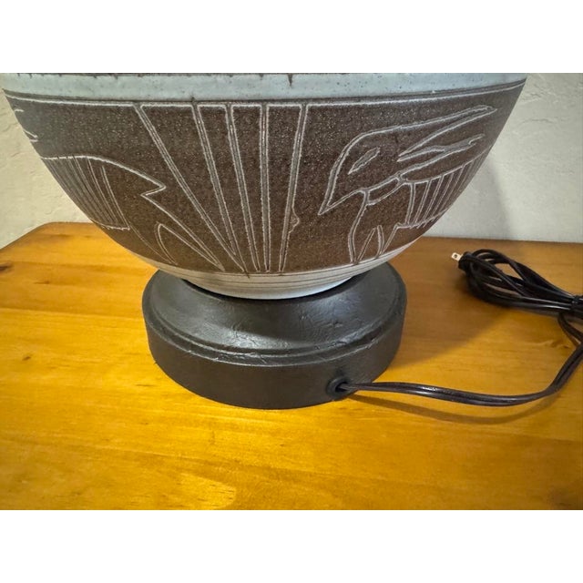 Mid 20th Century Sgraffito Pottery Lamp Folk Art Style Birds Antelope For Sale - Image 10 of 12