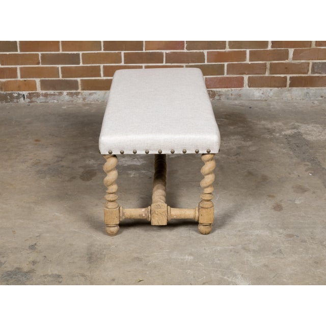 Beige English 1900s Bleached Wood Bench with Barley Twist Base and Custom Upholstery For Sale - Image 8 of 12