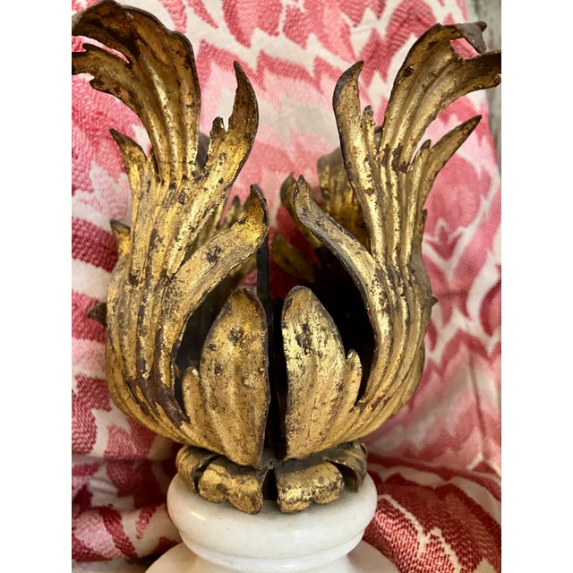 Italian Renaissance Gilded Iron Candleholders on Carrara Marble Sockles, Set of 2 For Sale - Image 9 of 11