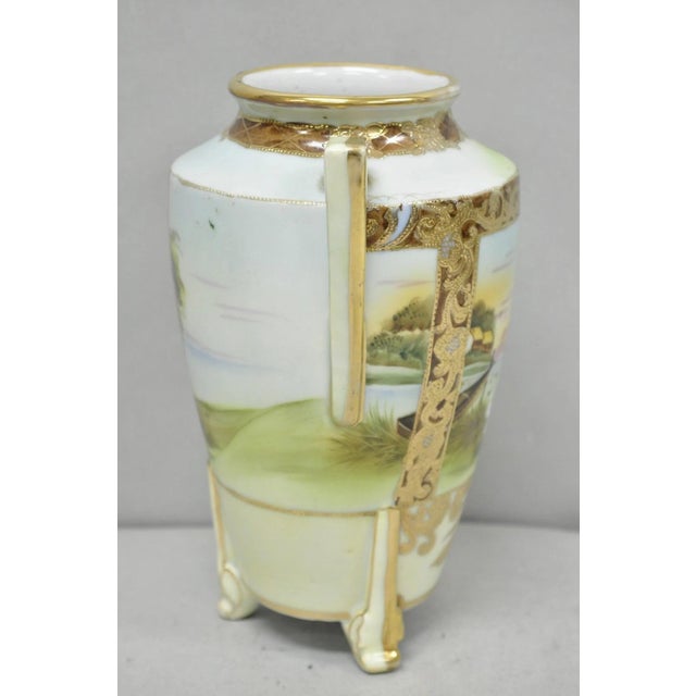 Antique Nippon Hand Painted Porcelain Twin Handled Vase W/ Swan & Lake Scene For Sale - Image 12 of 16