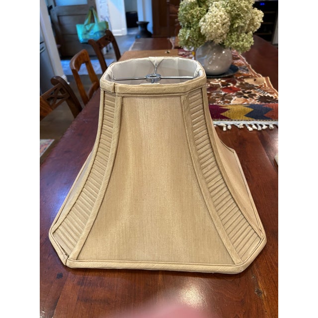 Pair of Tan Tiered Pagoda-Style Silk Lampshades With Pleated Corners For Sale - Image 4 of 4