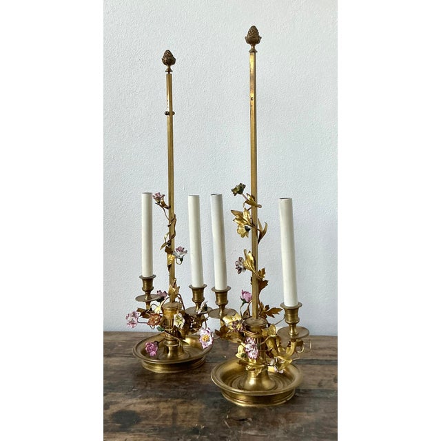 Late 20th Century Vintage Regency Porcelain Roses Lamps - a Pair For Sale - Image 5 of 9