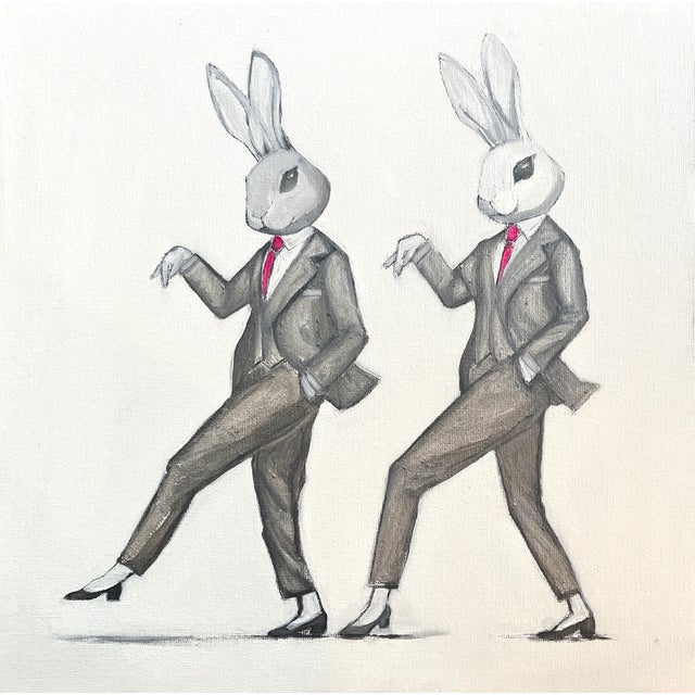 Contemporary Whimsical Original Oil Painting of Two Dancing Bunnies by Max and Alma For Sale - Image 3 of 6