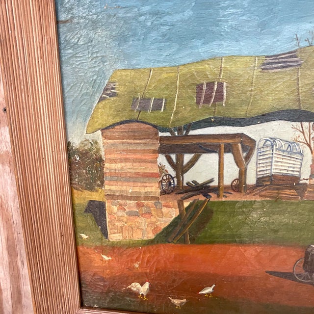 Vintage Signed American Folk Art Farm Landscape Oil Painting For Sale - Image 4 of 13