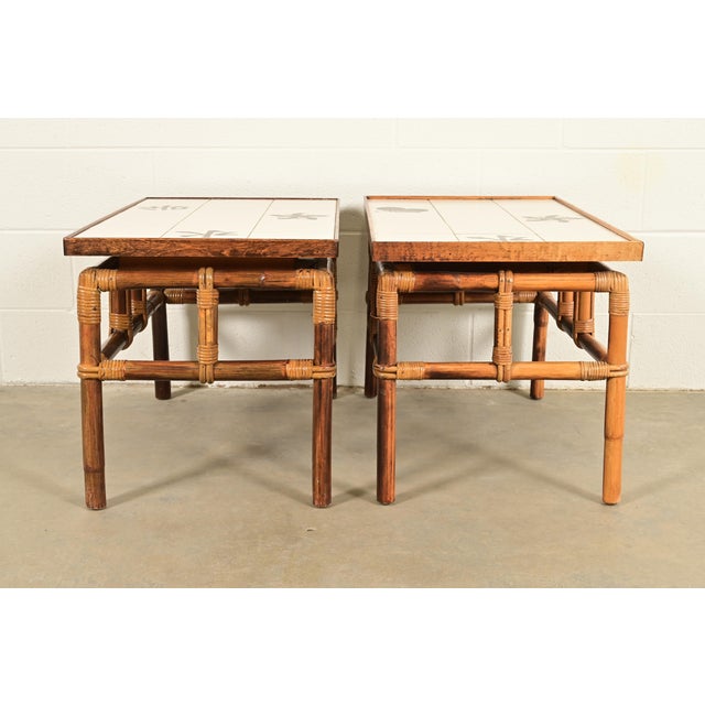 John Wisner for Ficks Reed Mid-Century Hollywood Regency Bamboo Rattan Tile Top Side Tables, 1950s For Sale In South Bend - Image 6 of 10
