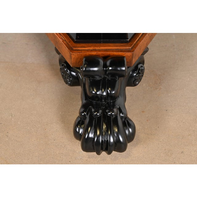 Baker Furniture Stately Homes Collection Burl Wood and Parcel Ebonized Regency Center Table, Restored For Sale - Image 9 of 12