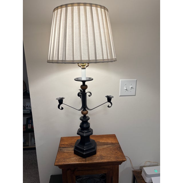 Late 20th century Neoclassical Revival table lamp inspired by antique gas candelabra designs. A striking gas-style table...