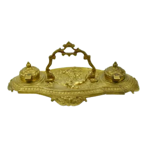 Mid 20th Century Solid Gold Brass Victorian Style Desk Double Inkwell