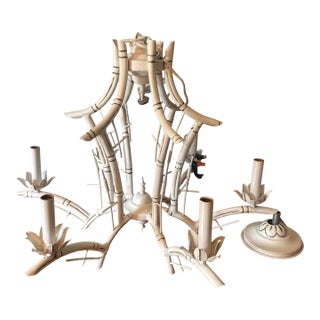 Midcentury White Faux Bamboo Pagoda Tole Chandelier For Sale