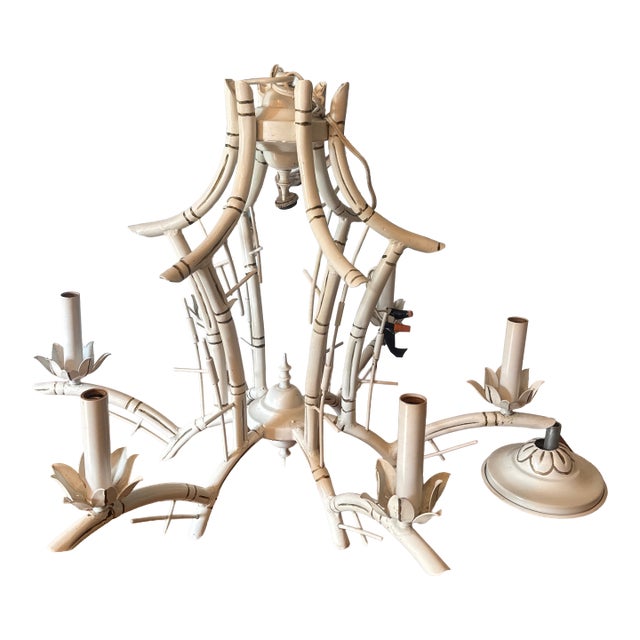 Midcentury White Faux Bamboo Pagoda Tole Chandelier For Sale