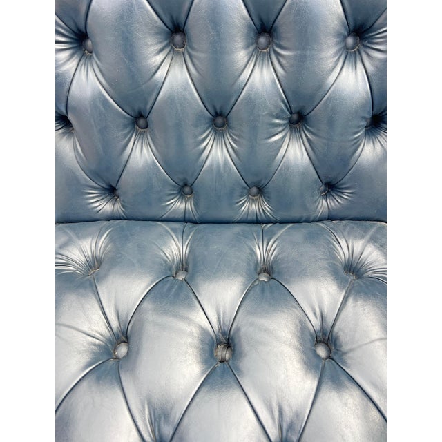 Animal Skin Chesterfield Tufted Blue Leather Arm Chairs Set of 7 English Style With Brass Nailhead Accent's For Sale - Image 7 of 12