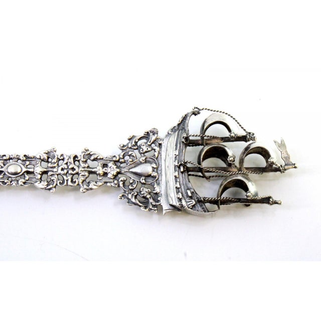 Decorative Silver Fork with Reliefs, Cut-Outs, Caravel and Angels Monogram Card For Sale - Image 3 of 10