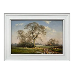 Oil Painting of Rural Winter Scene With Oak Trees in England by British Artist, 1995 Circa