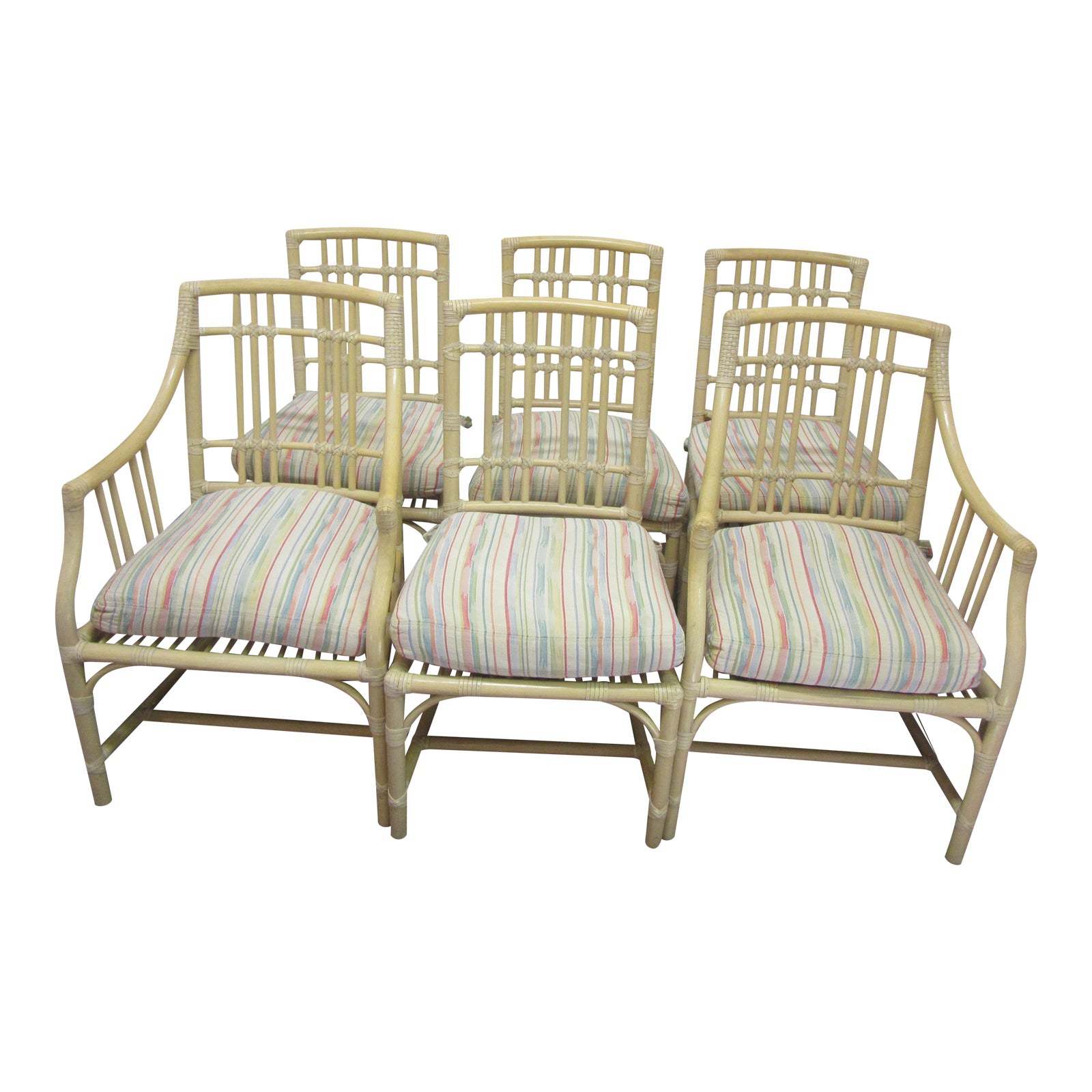 1970s McGuire of San Francisco Rattan Dining Room Chairs 2 Armchairs and 4 Side Chairs Set of