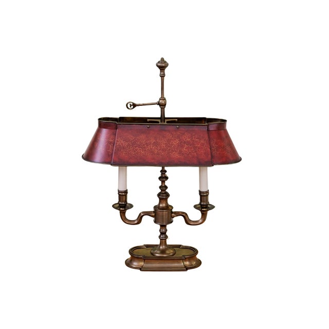 Vintage Brass Bouillotte Library Desk Lamp With Oxblood Red Crackle Tole Shade, 2005 For Sale - Image 9 of 9