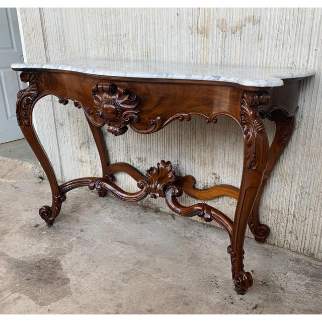 French Early 20th Century Large French Regency Carved Walnut Console Table with White Marble Top '2 Avai' For Sale - Image 3 of 18
