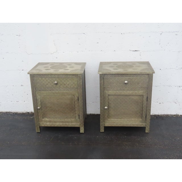 Embossed Metal Overlay End Tables Nightstands a Pair 6674 For Sale - Image 9 of 18
