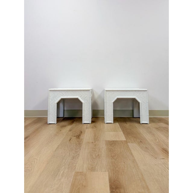 Vintage Side Tables White Painted Parquet Faux Bamboo Regency Pair Accent Tables For Sale - Image 4 of 10