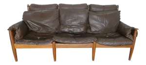 Mid Century Modern Leather and Teak Danish Modern Sofa