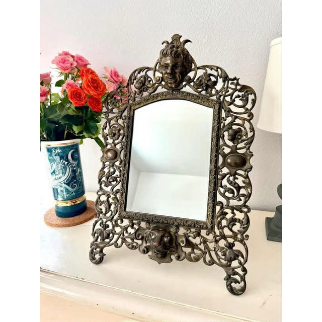 Early 20th Century Antique Gilded Cast Iron Cherub and Lion Heads, Victorian French Style Ornate Vanity Table Mirror From Late 19th Century For Sale - Image 5 of 12