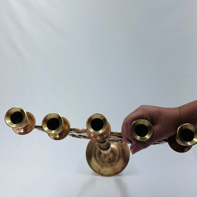 Early 20th Century 5 Candle Brass Polish Jewish Shabbat Candelabra "Lions of Judah" For Sale - Image 13 of 14