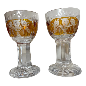 1950s Rare Pair Hand Cut to Clear Thick Stem Crystal Orange Glass Wine Goblet Glasses