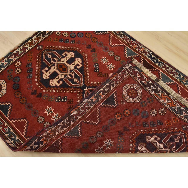 Shiraz Rug 3’9” X 5’3” Red Wool Vintage Tribal Hand-Knotted Oriental Carpet For Sale - Image 11 of 12