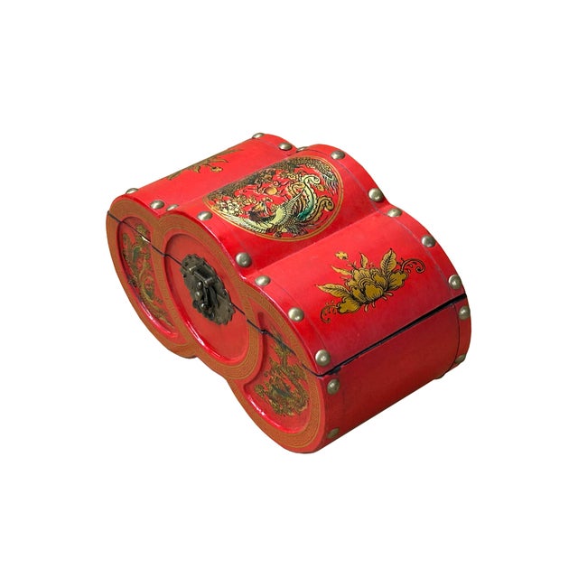 Oriental Bright Red Dragon Phoenix Graphic Circles Shape Container Box For Sale - Image 9 of 10