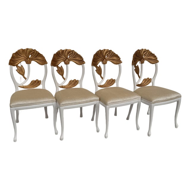 1980s Set of Four Hollywood Regency Carved Lotus Chairs For Sale